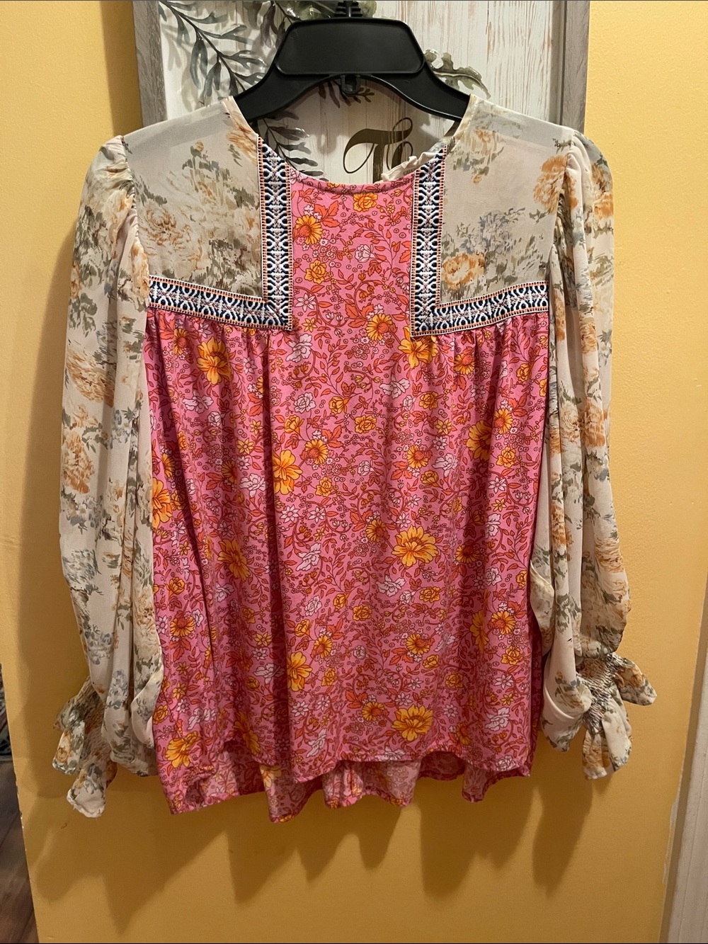 entro Pink Floral Mixed-Print Long-Sleeve Blouse with Sheer Cream Sleeves